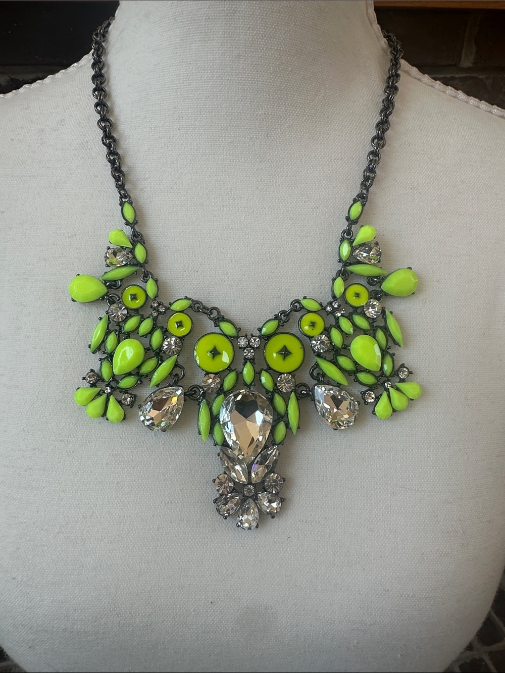 Amrita Singh Neon Lime Statement Crystal Chunky Bib Necklace Y2K